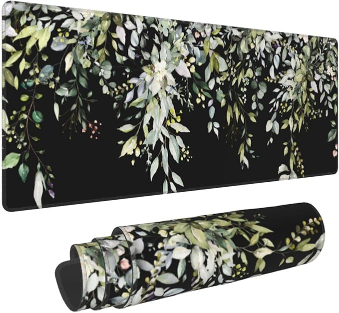 Sage Green Leaves Mouse Pad 31.5x11.8in Floral Black Gaming Mouse Pad Vintage Aesthetic Desk Pad Extended Large Desk Mat Non-Slip Rubber Base Stitched Edge Long Keyboard Mousepad for Computer Laptop