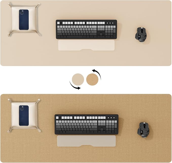 DAWNTREES Dual Sided Desk Mat,Leather Desk Pad,47.2''x15.8'',Cork Desk Mat Protector,with PU Leather Valet Tray Organizer,Large Mouse Pad,Desk Writing Pad for Office and Home(Khaki)
