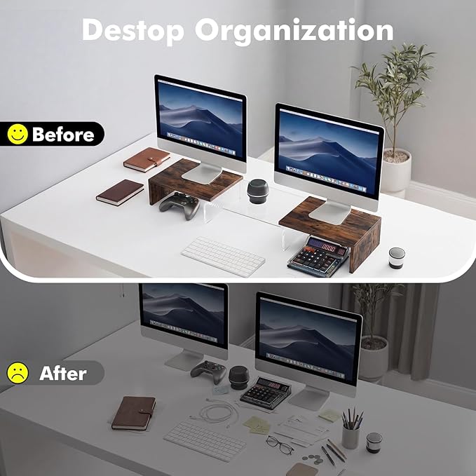 Dual Monitor Riser, Acrylic Monitor Riser with Keyboard Storage, Adjustable Angle & Length Computer Monitor Stand, Wide Desk Shelf for Top of Desk for Home Office_Wood Look