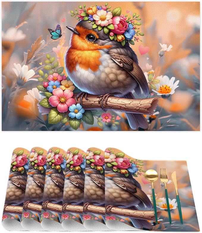 Placemats Set of 4 Heat-Resistant Rectangle Place Mats Robin Bird Cute Washable Plastic PVC Dining Table Mat Non-Slip Wipeable Woven Vinyl Placemat for Kitchen Patio Table Decor