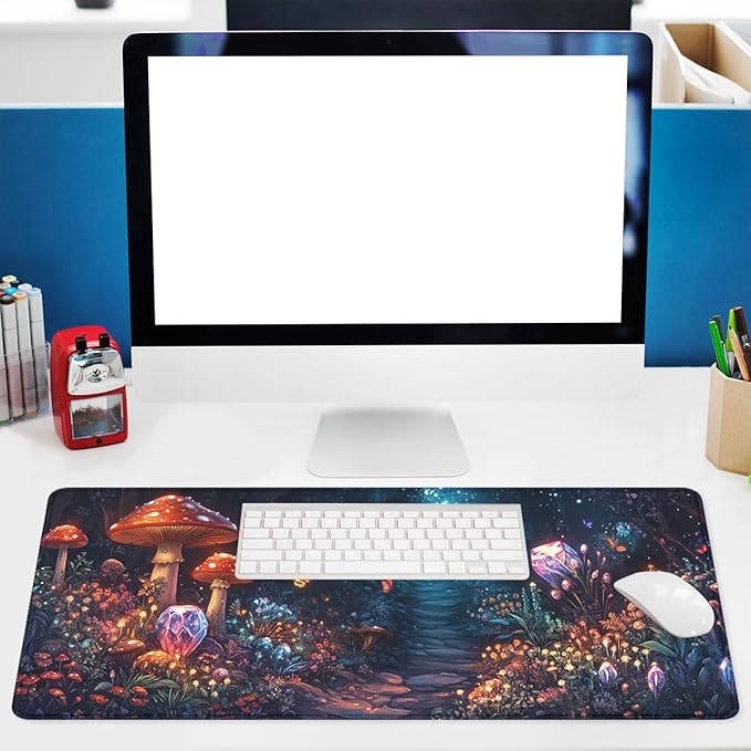 Mushrooms Mouse Pad Fantasy Crystal Butterflies Flowers Large Gaming Mouse Mat with Stitched Edges,Non-Slip Waterproof Rubber Base Mous Mat 31.5x11.8 in