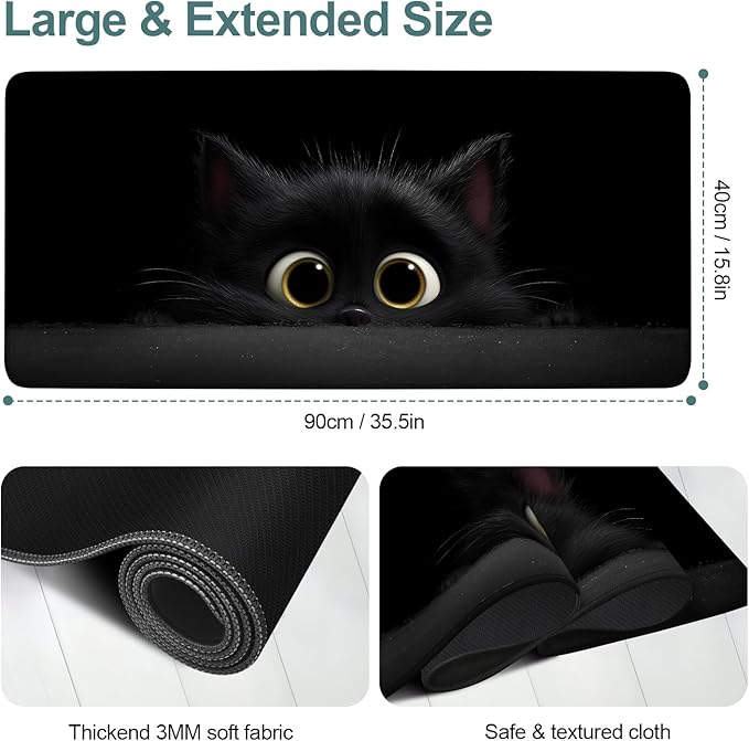 Cat-Inspired Extended Gaming Mouse Pad 35.4 x 15.7 Inch – Large Desk Mat for Gaming, Office Work, and Study, with Non-Slip Rubber Base, Smooth Cloth Surface, and Stitched Edges