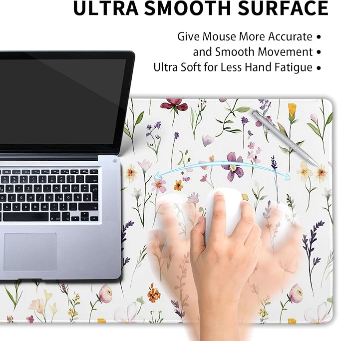 Spring Summer Wildflower Desk Pad Mouse Pad XXL 35.4”x15.7” Large Extended Gaming Mouse Pad with Stitched Edges Non-Slip Rubber Base Mousepad Floral Desk Accessories for Home Laptop Office Work Game