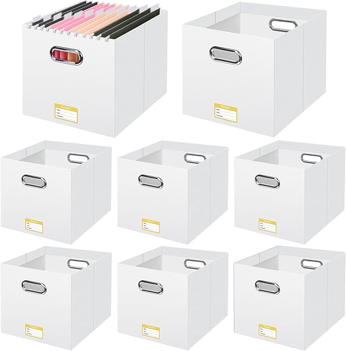 BALEINE File Organizer Box, Cardboard File Folder Organizer with Handle for Letter Size, Portable Collapsible Hanging Filing Box for Home Office Document Storage (8 Pack, Large White)