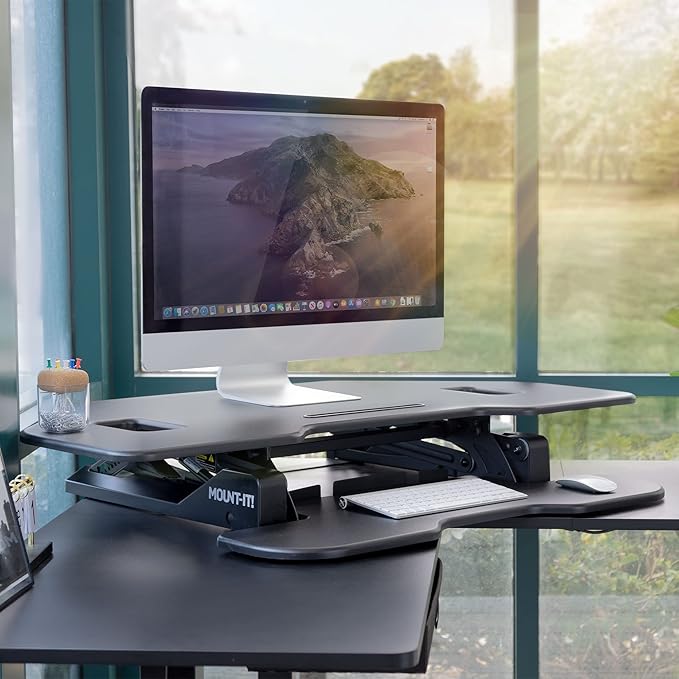 Mount-It! Corner Standing Desk Converter Height Adjustable 43” Wide Desktop, Corner Stand Up Desk with Gas Spring Lift Asssit, Stand Up Computer Workstation with Ergonomic Keyboard Tray | Black