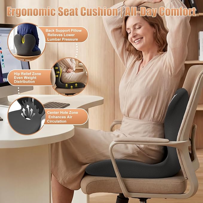 Car Seat Cushion with Lumbar Support for Long Driving Truck RV, Ergonomic Memory Foam Office Chair Cushion for Sciatica, Tailbone & Lower Back Relief, Ideal Gift for Drivers & Office Workers (Black)