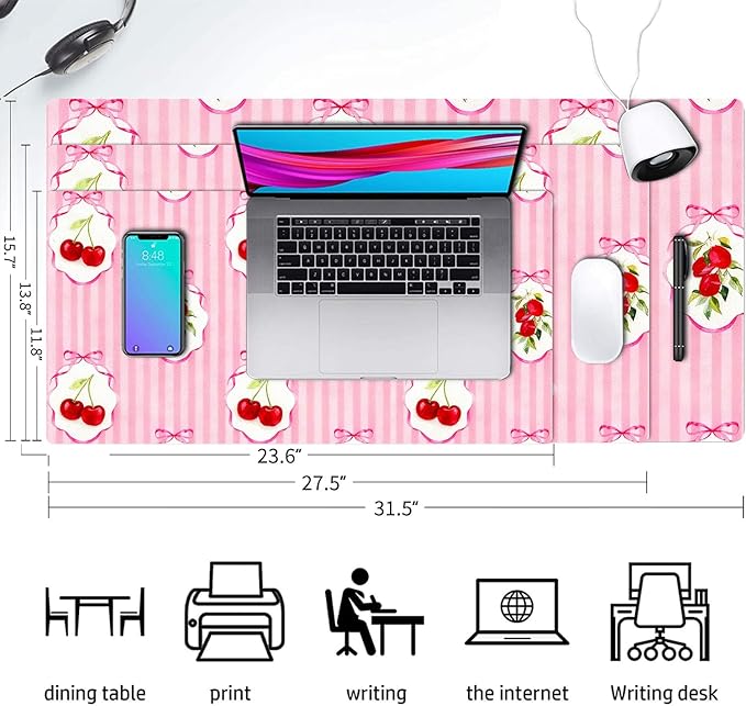 Red Cherry Mouse Pad PU Leather Pink Desk Mat Large Waterproof Gaming Pad Non-Slip Keyboard Mouse Pad Writing Pad for Gamer Office&Home