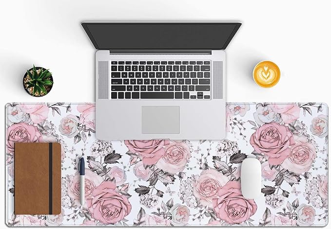 Cute Pink Flowers Desk Pad XL Gaming Mousepad & Laptop Computer Keyboard Mat 31.5''X 11.8'' Cute Desk Decor Accessories
