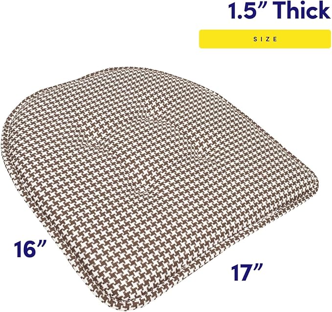 Sweet Home Collection Chair Cushion Memory Foam Pads Tufted Slip Non Skid Rubber Back U-Shaped 17" x 16" Seat Cover, 2 Count (Pack of 1), Houndsooth Brown