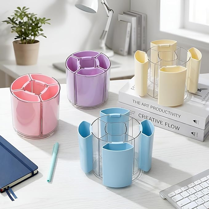 Comix 360° Rotating Pen Holder for Desk, Cute Pencil Holder Pen Organizer, Beige Acrylic Pencil Cup Caddy with 5 Slots for Home School Office Supplies