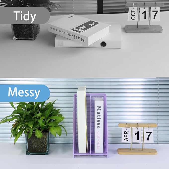 Desk Organizers Metal Magazine File Holder Racks Desktop Folder Storage Binder Organiser Document Organization for Home Office & Classroom,2 Vertical Compartments-Purple