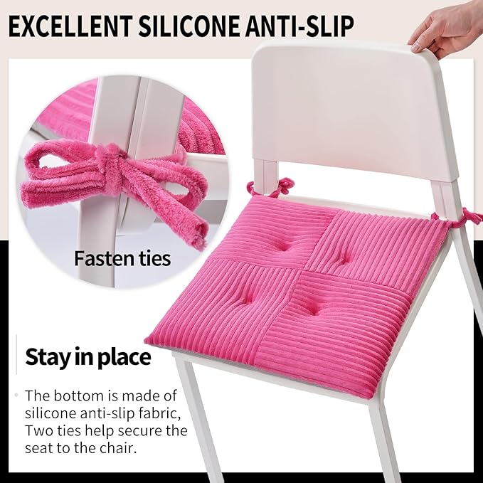 Office Stacking Chair Cushions 4 Pack, Corduroy High Density Foam Kitchen Seat Cushions with Ties, Square 17" x 17" Indoor Non-Slip Dining Chair Pads, Pink, 4pcs
