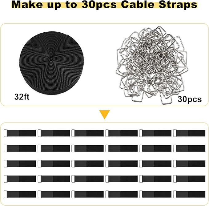 YMCRLUX 1.5"x32ft Hook and Loop Straps with 30 Metal Buckles, Adjustable Fastening Cable Straps, Cut-to-Length Cinch Strap, Reusable Nylon Securing Cord Ties for Organizer or Storage, Black