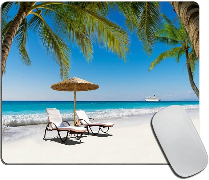 Beds and Umbrella on a Tropical Beach Mouse Pad Non-Slip Rubber Base Gaming MousePads for Computers Laptop Office, 9.5"x7.9"x0.12" Inch(240mm x 200mm x 3mm)