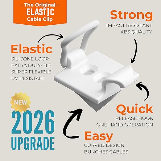 [Made in the UK] 10-Pack Adjustable Elastic Self-Adhesive Cable Tidy Clips, Cable Management Organiser for Office, Home, Under Desk, Behind TV, Charging Phone, Laptop, PC, HDMI, USB (WHITE)
