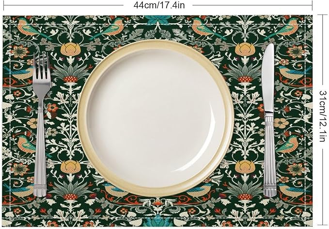 Vintage William Morris Placemats Strawberry Thief Botanical Art Vintage Floral Linen Washable Table Mats Stain Heat-Resistant Desktop Decor Place Mats for Home Kitchen Dining Party 12x18 in 6 Pcs