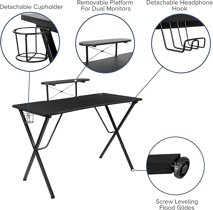 BizChair Black/Pink Gaming Desk Set with Cup Holder, Headphone Hook, and Monitor Stand