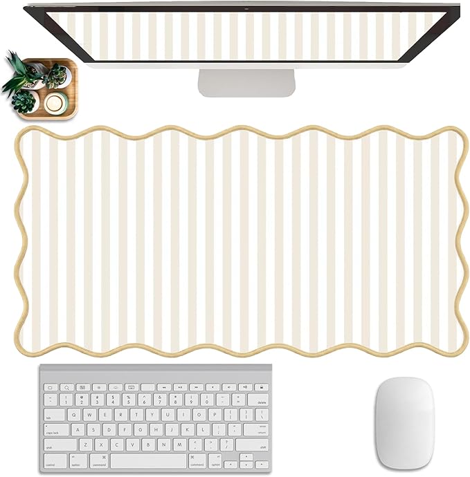 Scalloped Desk Mat Extended Large Cute Striped Mouse Pad Big Desk Pad XXL Aesthetic Stripe Mousepad Gaming Mouse Pad for Keyboard Computer Laptop Home Office Accessories 31.5X15.7Inches Beige