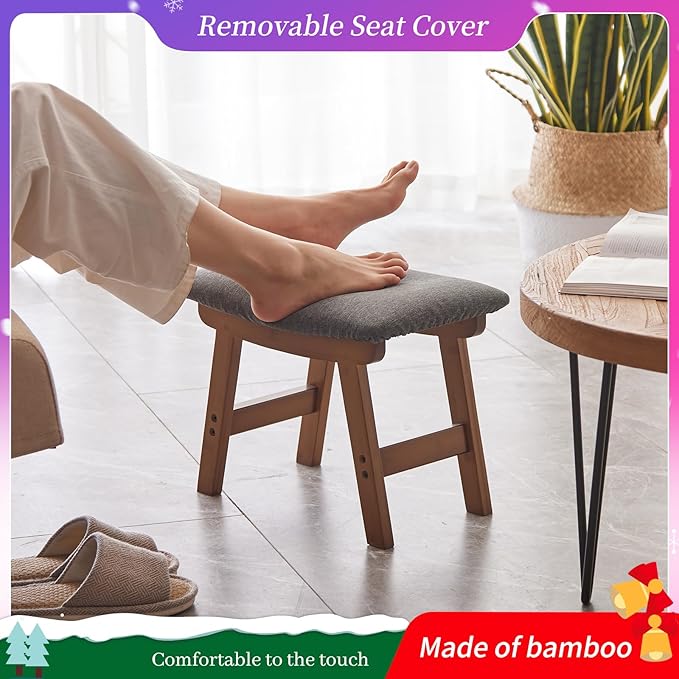 Kitsanery Foot Stool,Ottoman,Bamboo Small Sofa Foot Rest Under Desk,Extra Seating for Living Room, Bedroom and Kitchen (Brown Stool Legs - Gray Surface)