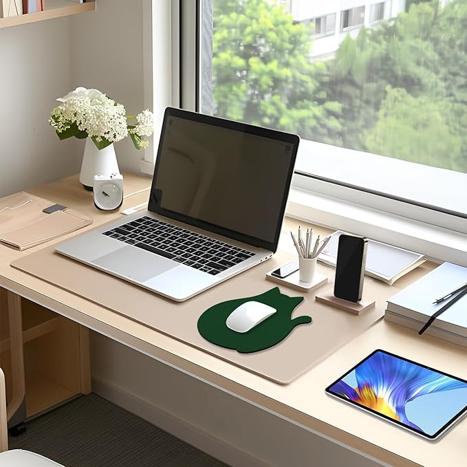 Funny Leather Mouse Pad Cute Cat Shape Office Desk Accessories Decor for Women Small Mousepad with Non-Slip Rubber Base Washable Waterproof, 9.7" x 8", Dark Green