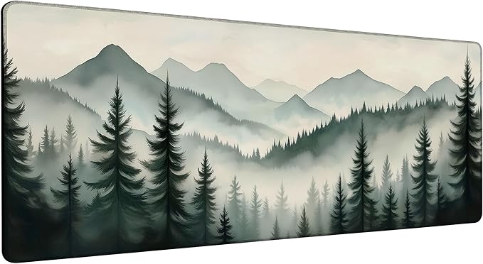 Large Gaming Mouse Pad Mountain Landscape with Mist and Trees Desk Mat,Non-Slip Rubber Base Stitched Edges,Extended Mousepad for PC,Laptop,Office,Home Decor(31.5 x 11.8 Inch)