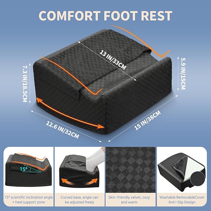 Ergonomic Foot Rest for Under Desk at Work – 15° Tilt Angle Under Desk Footrest with High-Resilience Foam, Velvet Top & Non-Slip Base, Comfortable Foot Stool for Office Chair and Home, Black