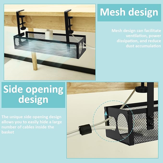 Under Desk Cable Tray, Easy to Install Cable Management Tray, No Drill Under Desk Wire Holder, Space Saving Cord Holder Shelf for Office Home Dormitory(Black)