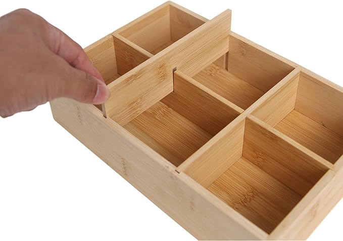2 Pack Bamboo Small Desk Organizer with Adjustable Dividers, Wood Office Desk Dccessories Organizer for Snacks,Tea Bag,Makeup, Jewelry,Stationery