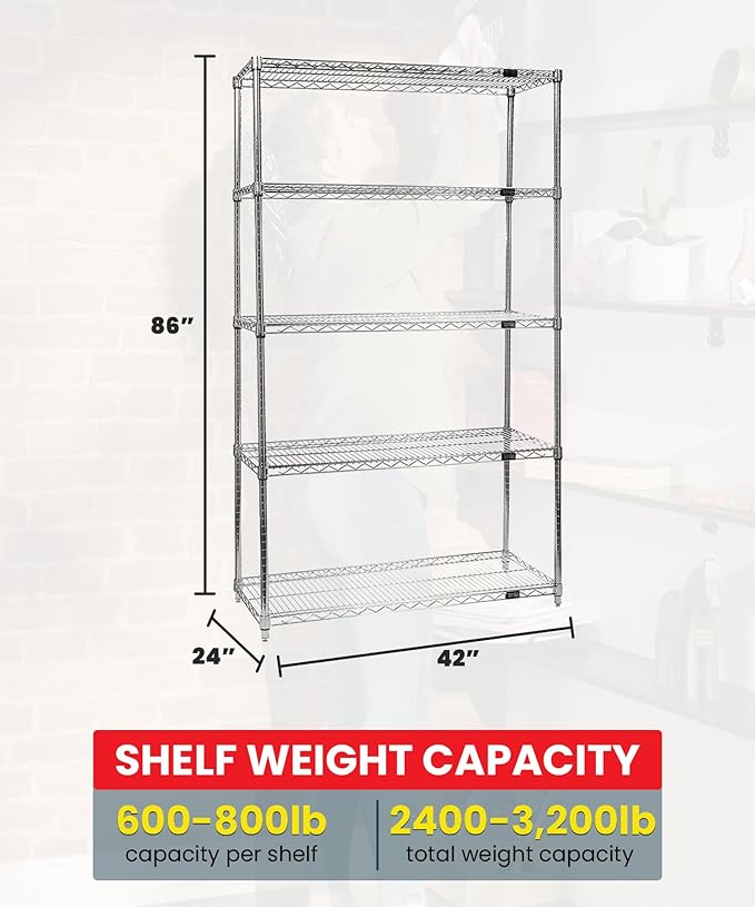 Quantum Storage Systems WR86-2442C-5 Starter Kit Wire Shelves Chrome 5 Shelves 86" H x 42" W x 24" D