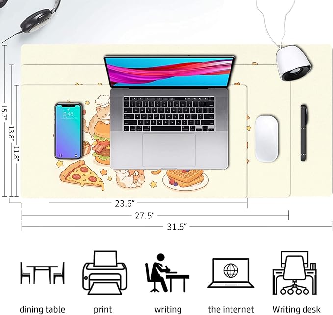 Cute Cat Desk Mat, Kawaii Hamburger Fries Large Mouse Pad for Desktop, PU Leather Waterproof Desk Pad, Anti-Slip Computer PC Laptop Protector Gaming Mouse Pads for Office Home Decorations
