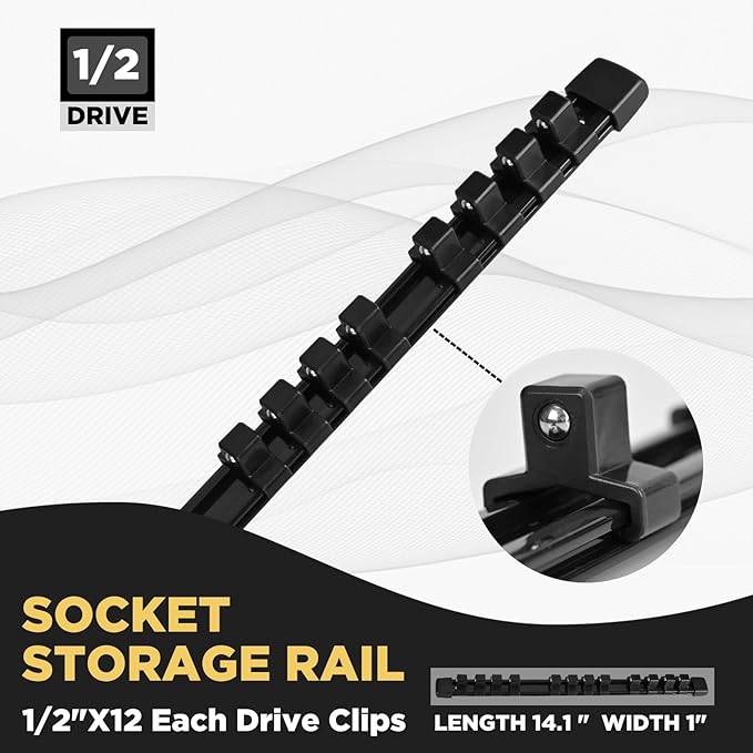 1/2-Inch Drive Heavy Duty Socket Holder Kit ABS, Socket Rail 1/2-Inch x 12 Clips Black, 3 Pieces