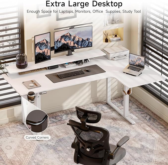 L Shaped Electric Standing Desk, 63x43'' Computer Desks with 2 Monitor Shelves, Dual Motor and Memory Controller, Gaming Corner Desk Adjustable Height from 28-46'' for Home Office Workstation, White