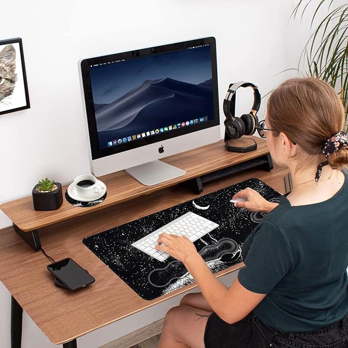 Ergonomic Mouse Pad Set with Wrist Support for Keyboard and Wrist Rest for Mouse, Memory Foam Comfort, Non-Slip Large Desk Mat for Home Office Pain Relief,Black Cat Moon Starry
