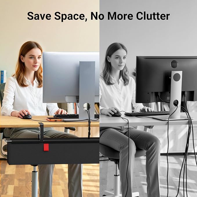 Housolution Under Desk Cable Management Tray, 36'' Longer Cord Management Under Desk, Premium Fabric Cable Storage Organizer, No Drilling Clamp/Screw Mount Cord Organization Tray for Office Home