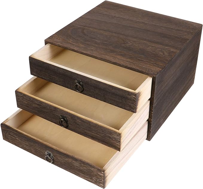 Cabilock Solid Wood Desktop Drawer Organizer with Pull Ring Vintage Retro Storage Box for Office Supplies and Home Desk Accessories 10.03X9.64X6.49 Inches
