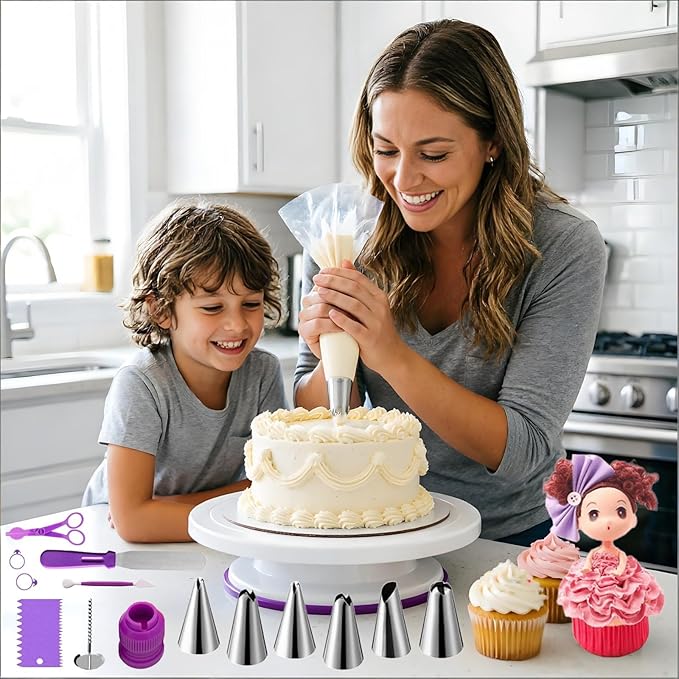 ANSLYQA Cake Decorating Kit, 340 Pcs with Cake Turntable, Leveler, 55 Numbered Icing+Skirt Tips, 2 Spatulas, 3 Scrapers, 2 Couplers, 100 Pastry Bags, 100 Cupcake Liners & More Baking Tools, (Purple)
