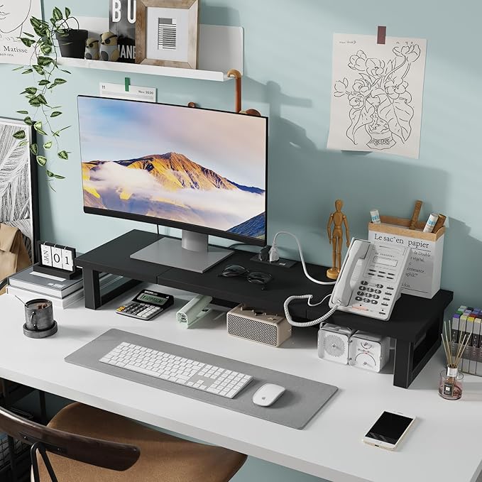 WESTREE Dual Monitor Stand Riser with Power Outlet, Computer Monitor Stand Riser for 1~2 Monitors, Multi-Purpose Desktop Organizer Riser for Computer,Laptop,Printer,TV