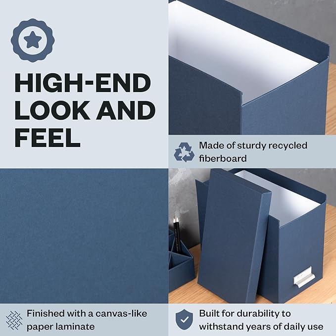 Bigso John Fiberboard Label Frame Desktop File Storage Box - Document Organizer for Important Paperwork - Durable Hanging File Box with a Lid & Metal Label Window - 7.36 x 13.38 x 10.51 in - Blue