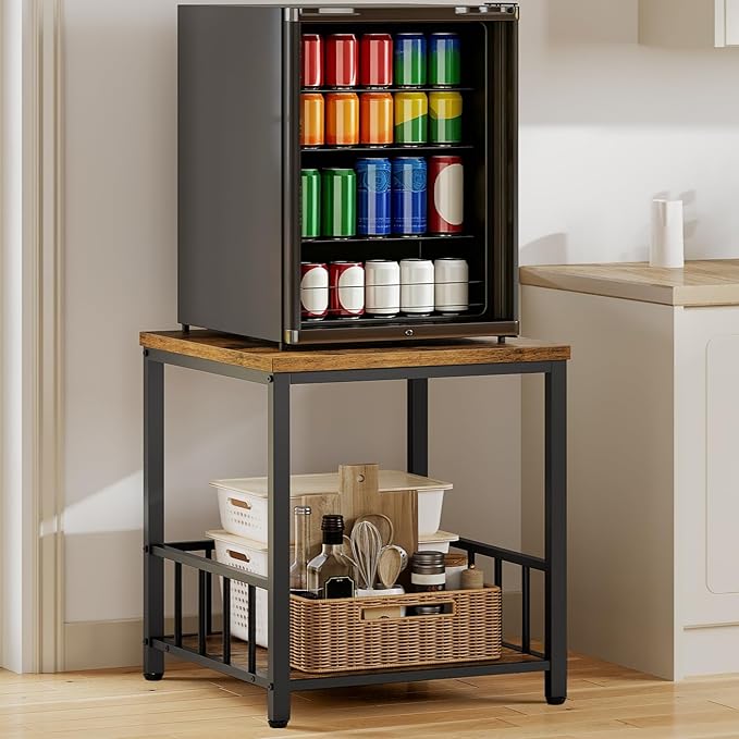 RALGEND End Table, Mini Fridge Stand with Storage, 20" Mini Fridge Cabinet with 2-Tier Storage Shelves, Mini Fridge Table Adjustable Feet, for Kitchen, Living Room, Rustic Brown and Black 5001RSBF