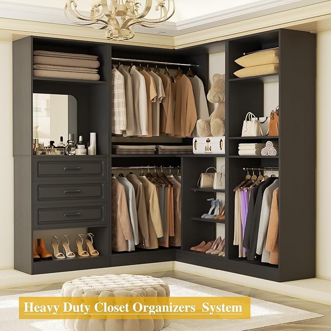 Unikito Closet System with Drawers，86”Modular Corner Closet Organizer System With Mirror，Freestanding Wood Wardrobe Organizer with Hanging Rods & Adjustable Shelves, Walk in Closet Tower, Black