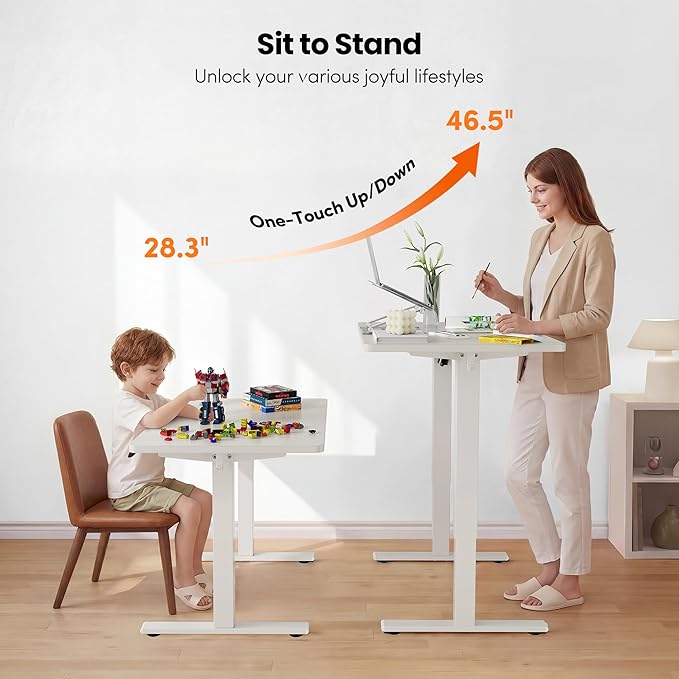 FEZIBO One-Piece Standing Desk, 48"x24" Seamless Tabletop Electric Height Adjustable for Home Office, Study Rooms & Multi-Device Workstations, White