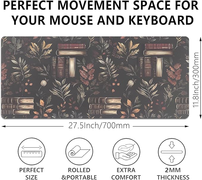 Dark Academia Large Mouse Pad Desk Pad, 27.5x11.8in Vintage Book Botanical Extended Keyboard Mousepad with Stitched Edges, Non-Slip Waterproof Rubber Base for Office, Computer, Laptop & Home