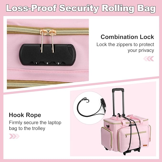 Housolution Rolling Teacher Bag with Wheels, Fits for 17" Laptop, Teacher Tote Bag with Detachable Trolley, Laptop Work Case with Anti Theft Lock, Briefcase Cart with Accordion File Organizer, Pink