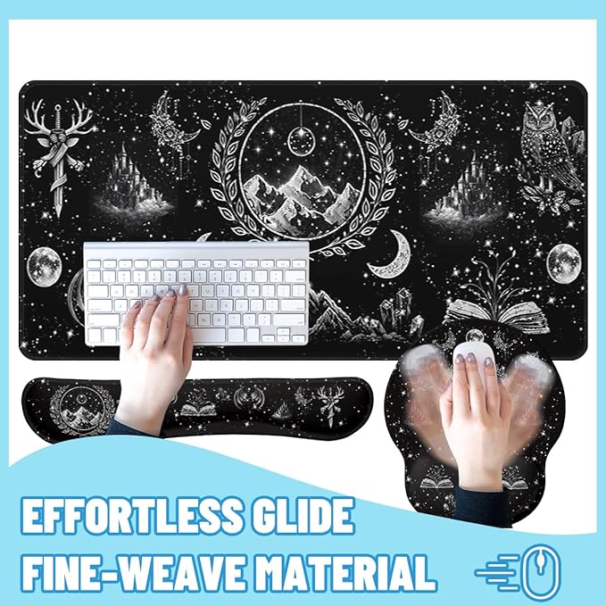Dark Fantasy Desk Mat Set Magic Gothic Celestial Emblem Large Mouse Pad with Wrist Rest 4in1 Desk Mat for Desktop Ergonomic Computer Desk Arm Wrist Anti-Slip Computer Mouse Pad Home Office Gaming