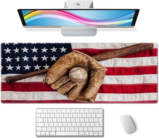 Old Baseball with USA American Flag Desk Pad Mouse Pad,Large Gaming Mouse Mat with Stitched Edges,Non-Slip Waterproof Rubber Base Mous Mat for Office Computer Keyboard Laptop Home(31.5X11.8 in)