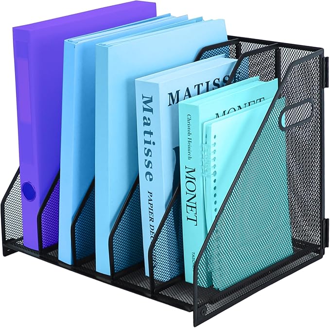 Desk Organizers Metal Magazine File Holder Racks Desktop Folder Storage Binder Organiser Document Organization for Home Office & Classroom,5 Vertical Compartments