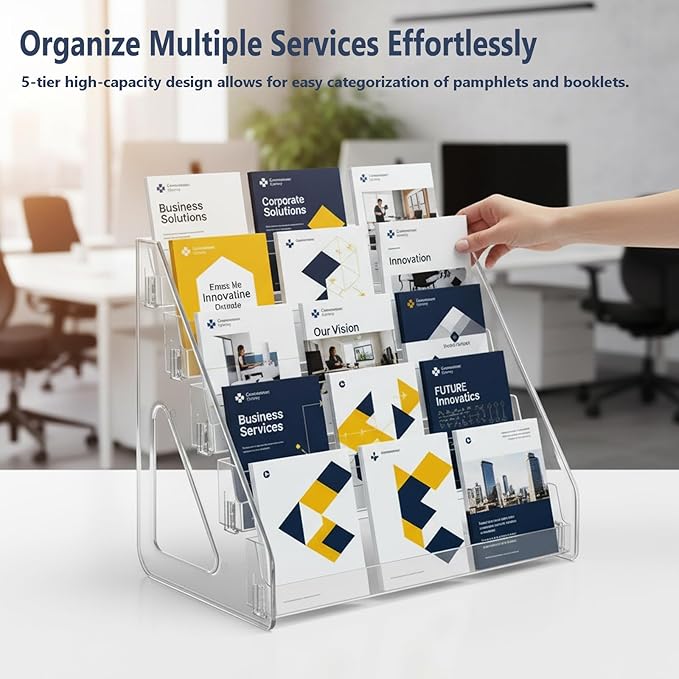 2 Pack 5-Tier Acrylic Brochure Holder 12x13 Inch Countertop Pamphlet Display Stand & Literature Organizer, Tiered Desk Rack for Office Home Store Flyers Booklets Table Signs