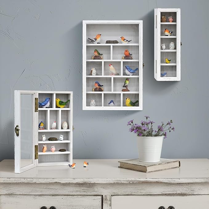 Ikee Design 3 Pcs Set Wall-Mounted Wooden Shadow Cubby Box Display Shelf with 24 Compartments with Door Storage Display Case for Collectibles, Trinkets, Mini Figures, Antique White
