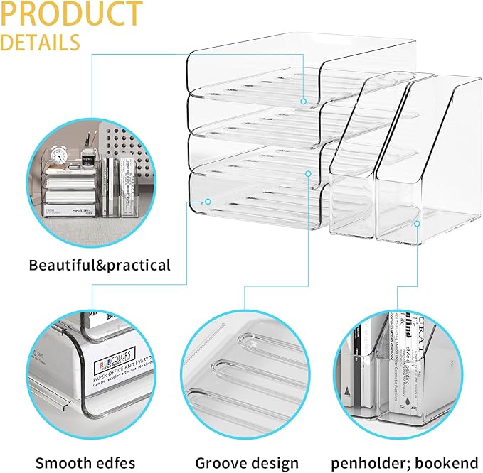 FANXIYQ 4-Tier Acrylic Paper Tray Organizer | Clear Stackable Desk Organizer for Documents, Letters, A4 Paper | Modern Office/Classroom/Home Organization,Clear