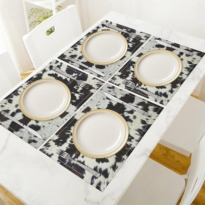 Cow Fur Placemats Farmhouse Western Farm Animal Skin Brow and White Cowhide Print Linen Washable Table Mats Stain Heat-Resistant Desktop Decor Place Mats for Home Kitchen Dining Party 12x18 in 6 Pcs